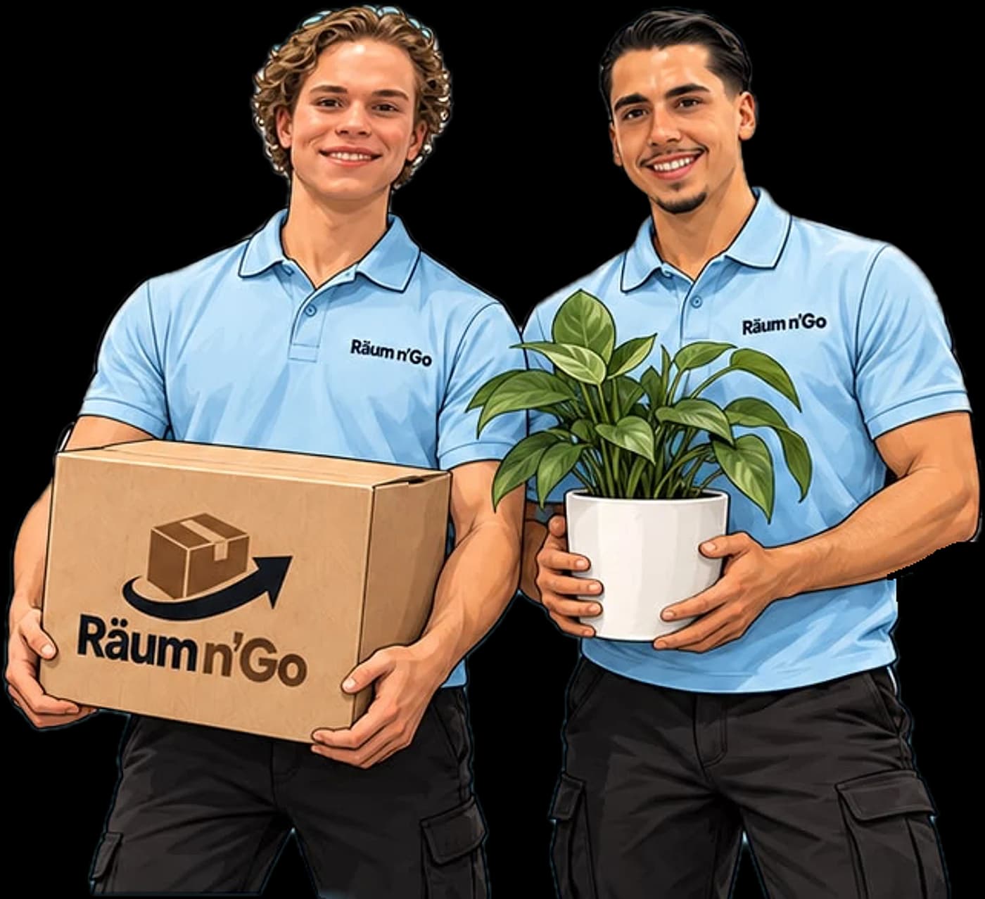 Zwei Räum n'Go Mitarbeiter in hellblauen Poloshirts, einer trägt einen Räum n'Go Karton, der andere eine Zimmerpflanze